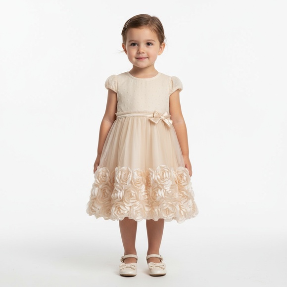 Nannette Kids Special Occasion Formal Dress Size 3T Champagne 3D Floral - Picture 1 of 8